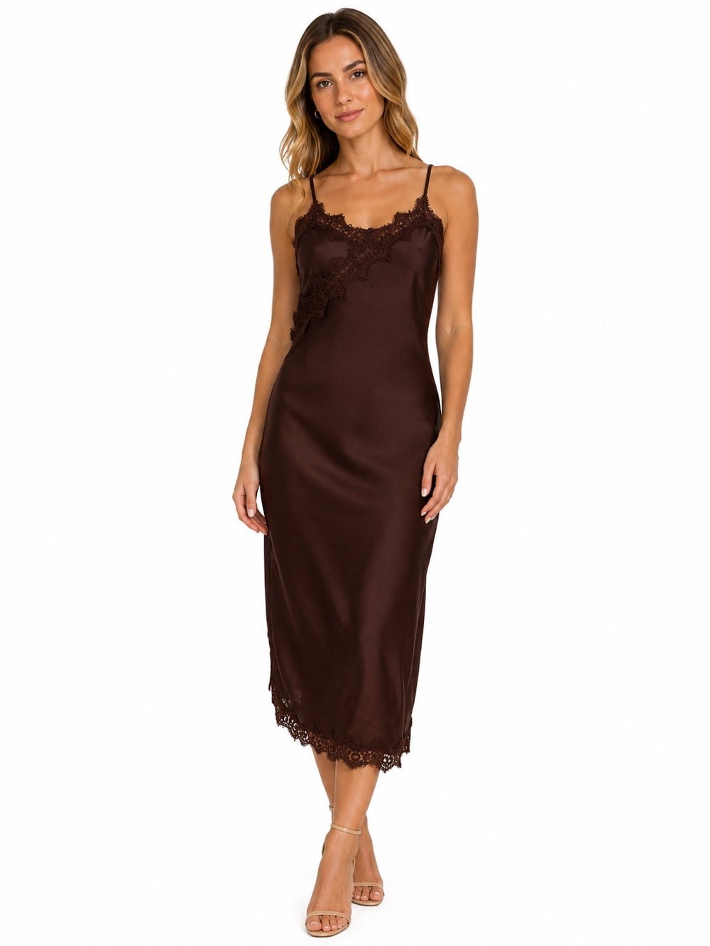 Monteau Los Angeles Chocolate Brown Lace Satin Slip Dress XS & M